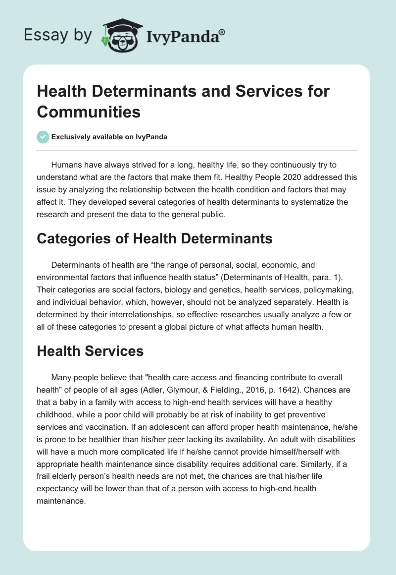 Health Determinants and Services for Communities. Page 1