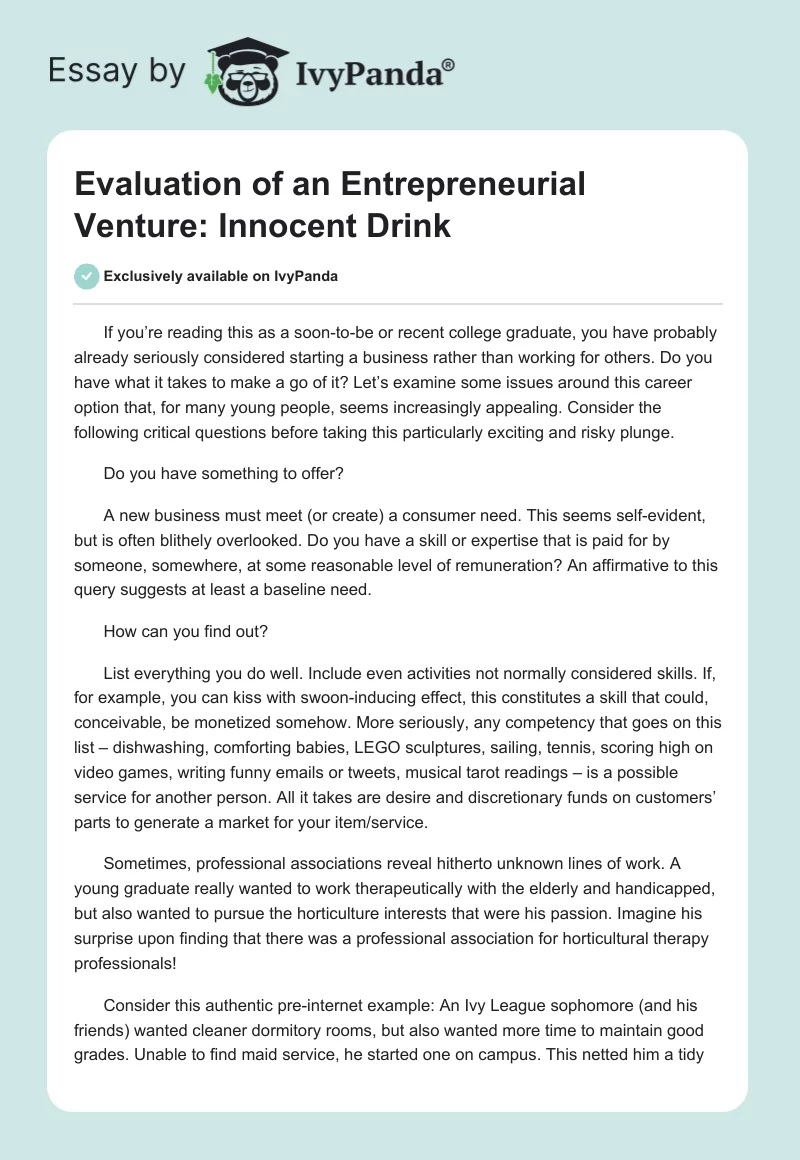 Evaluation of an Entrepreneurial Venture: Innocent Drink. Page 1
