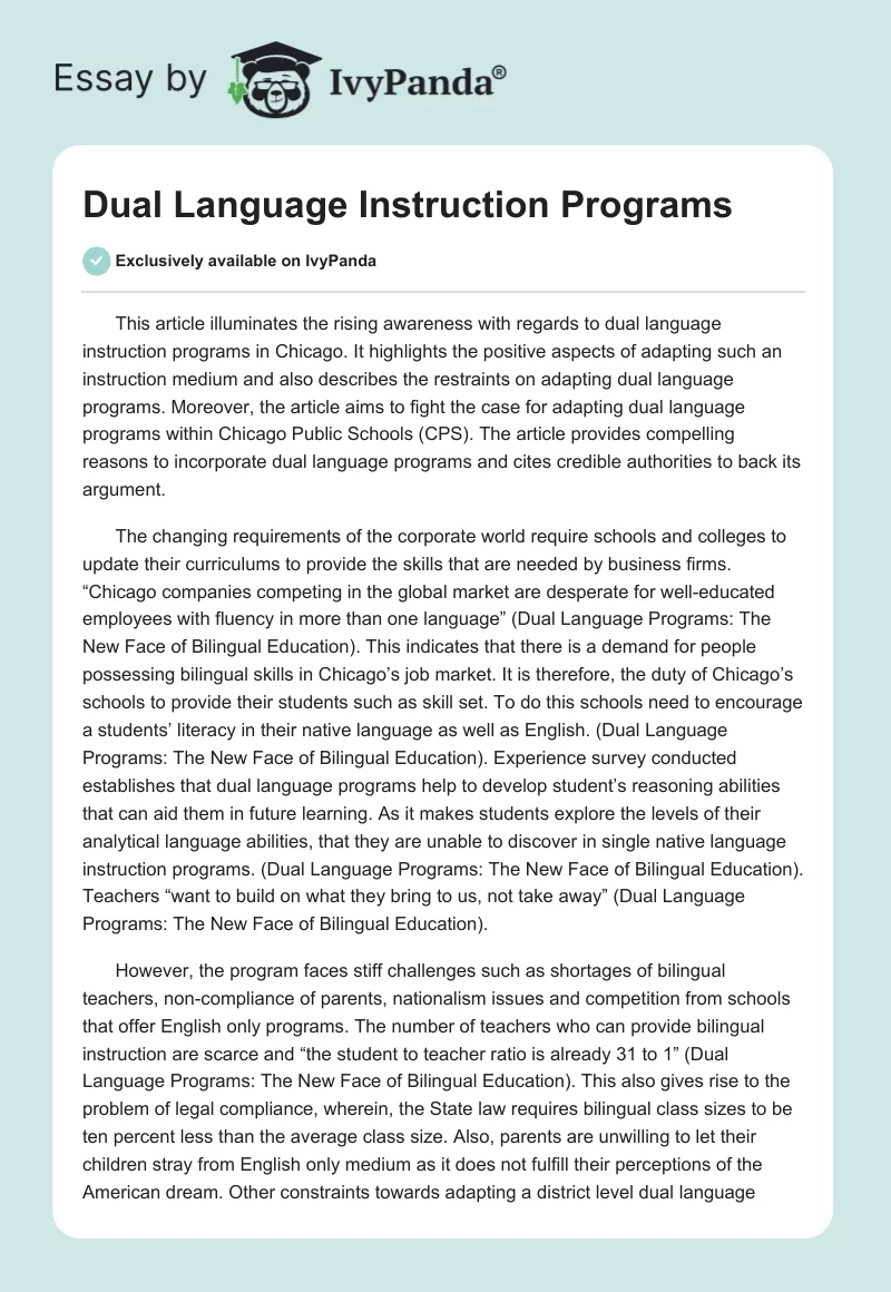 Dual Language Instruction Programs. Page 1