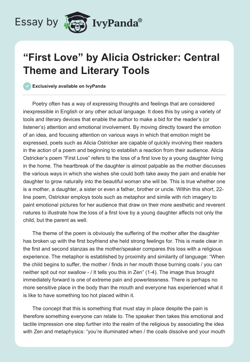 “First Love” by Alicia Ostricker: Central Theme and Literary Tools. Page 1