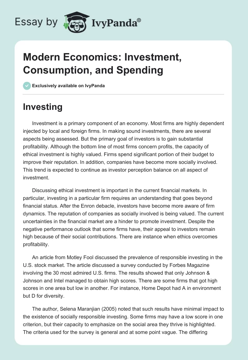 Modern Economics: Investment, Consumption, and Spending. Page 1