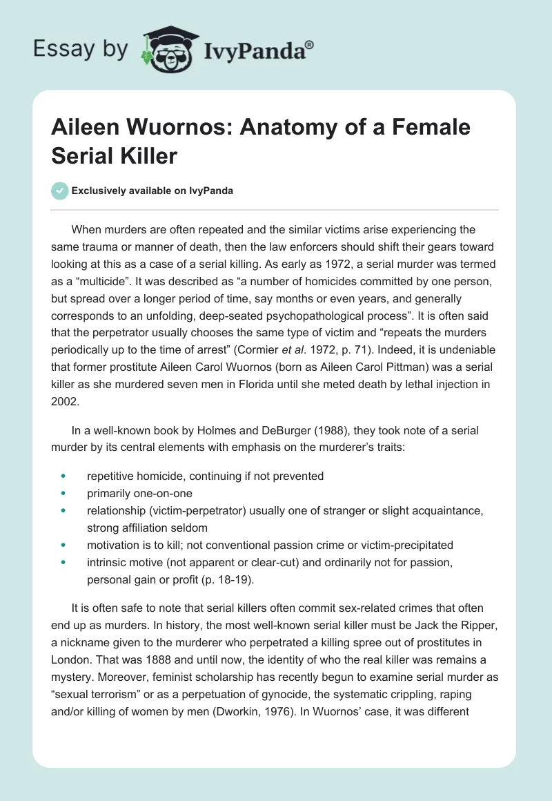 Aileen Wuornos: Anatomy of a Female Serial Killer. Page 1