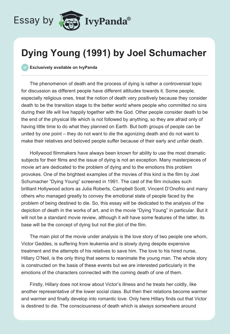 "Dying Young" (1991) by Joel Schumacher. Page 1