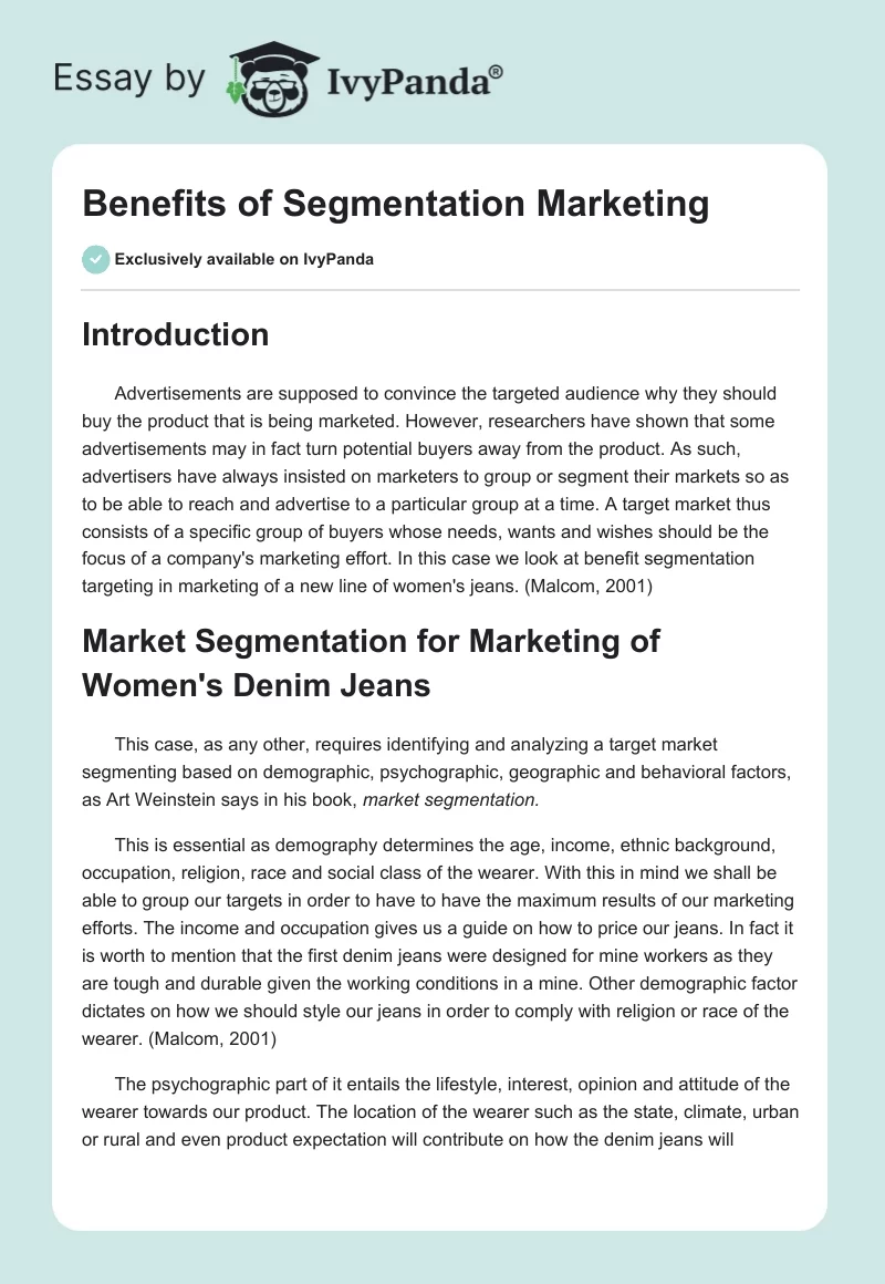 Benefits of Segmentation Marketing. Page 1
