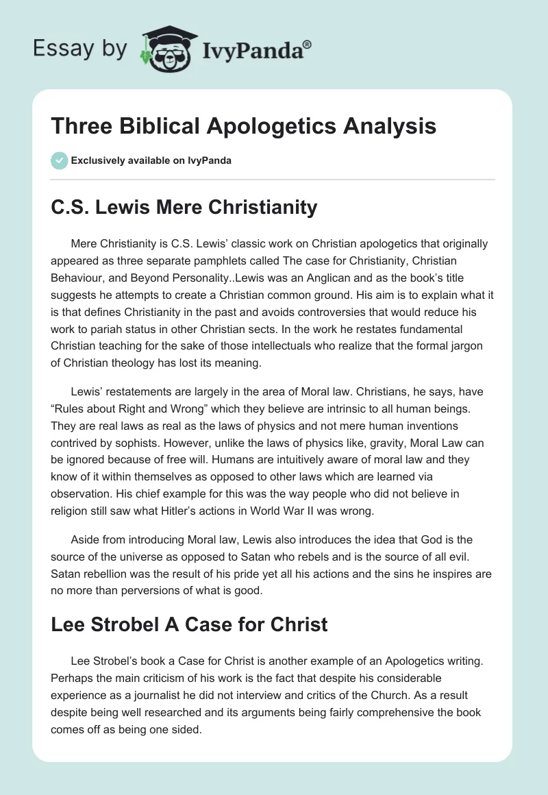 Three Biblical Apologetics Analysis. Page 1