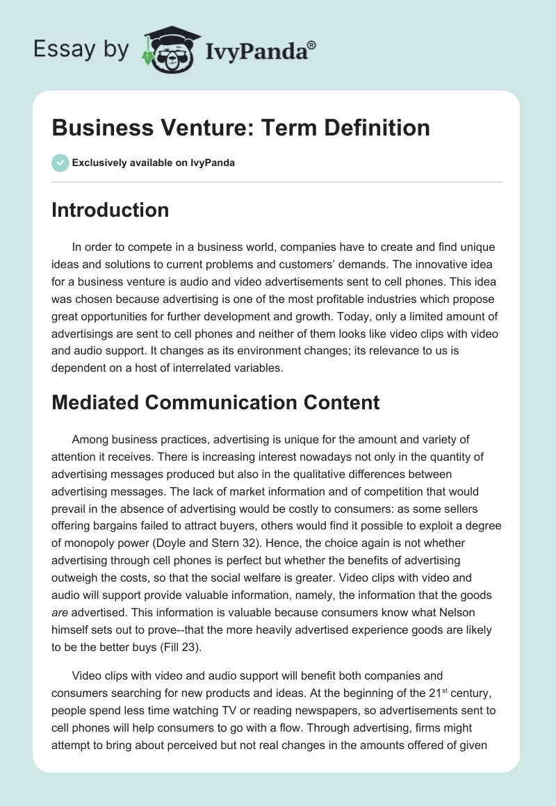 Business Venture: Term Definition. Page 1