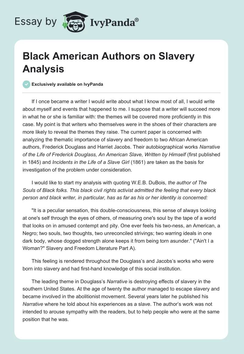 Black American Authors on Slavery Analysis. Page 1