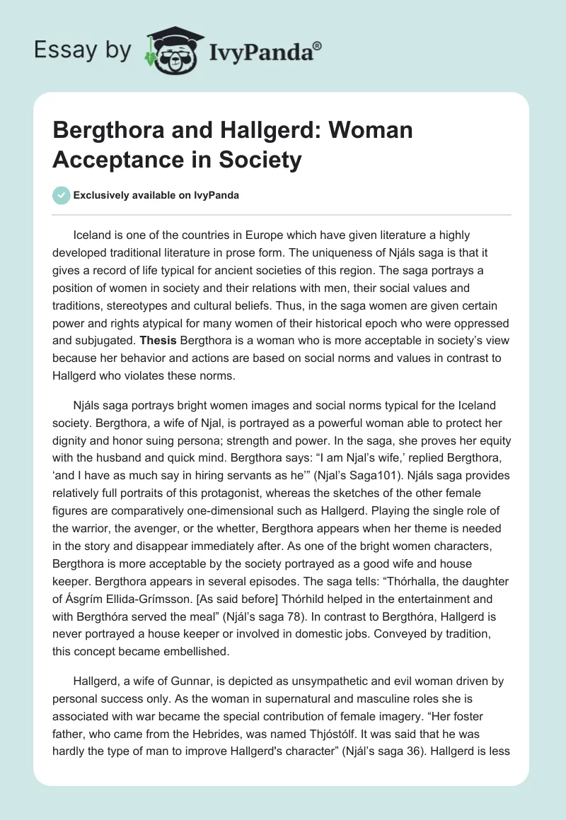 Bergthora and Hallgerd: Woman Acceptance in Society. Page 1