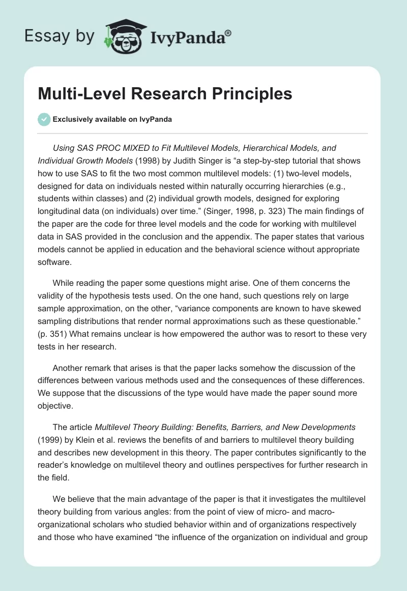 Multi-Level Research Principles. Page 1