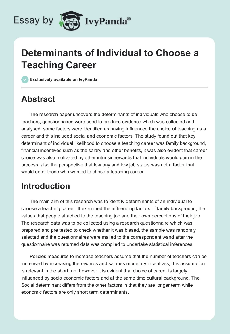 Determinants of Individual to Choose a Teaching Career. Page 1