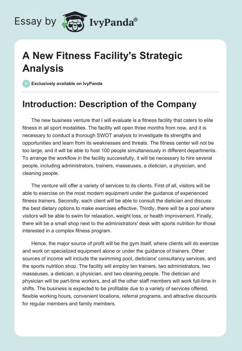 A New Fitness Facility's Strategic Analysis. Page 1