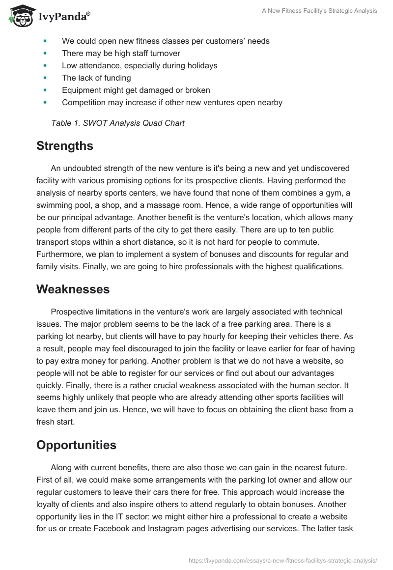 A New Fitness Facility's Strategic Analysis. Page 3