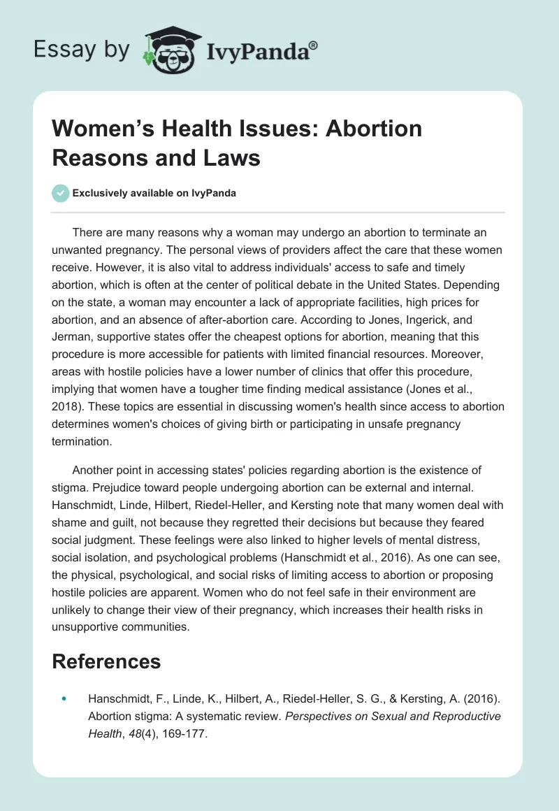Women’s Health Issues: Abortion Reasons and Laws. Page 1