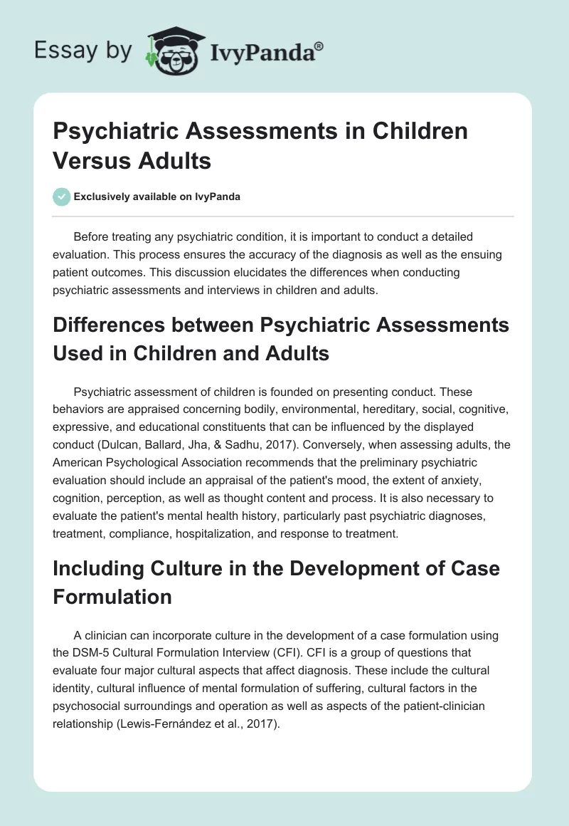 Psychiatric Assessments in Children Versus Adults. Page 1