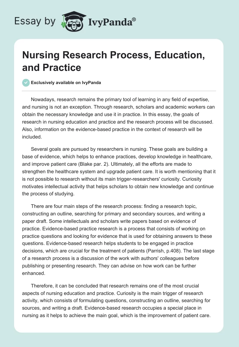 Nursing Research Process, Education, and Practice. Page 1