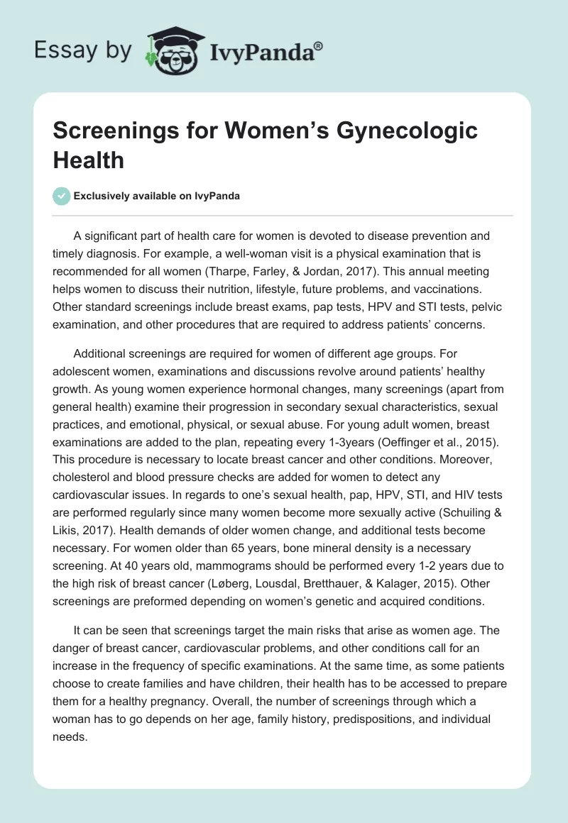 Screenings for Women’s Gynecologic Health. Page 1