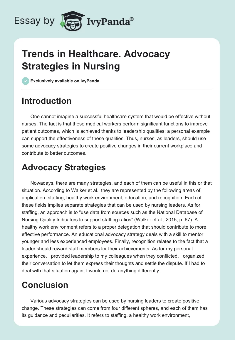 Trends in Healthcare. Advocacy Strategies in Nursing. Page 1