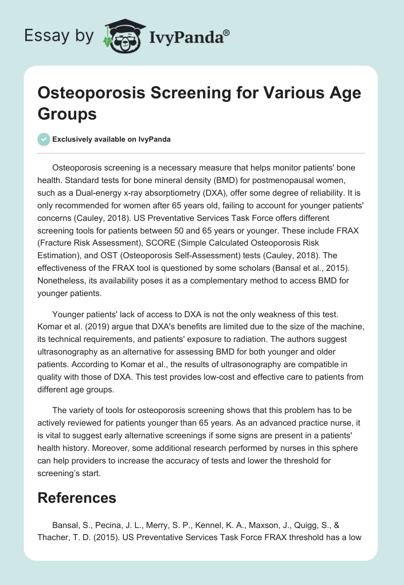 Osteoporosis Screening for Various Age Groups. Page 1