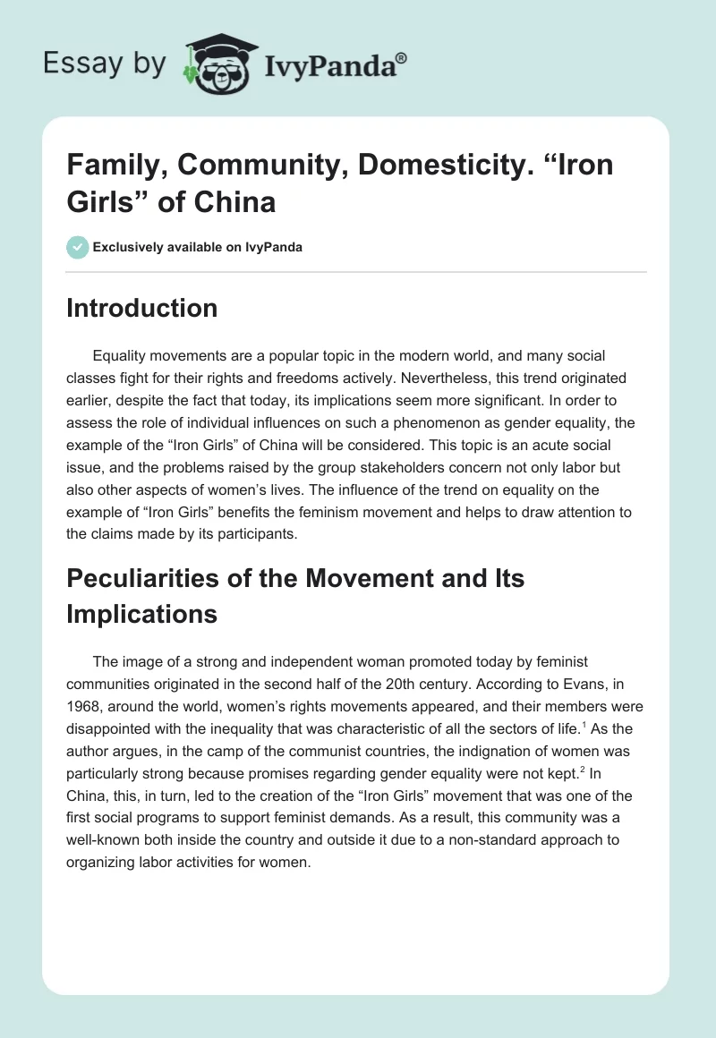 Family, Community, Domesticity. “Iron Girls” of China. Page 1