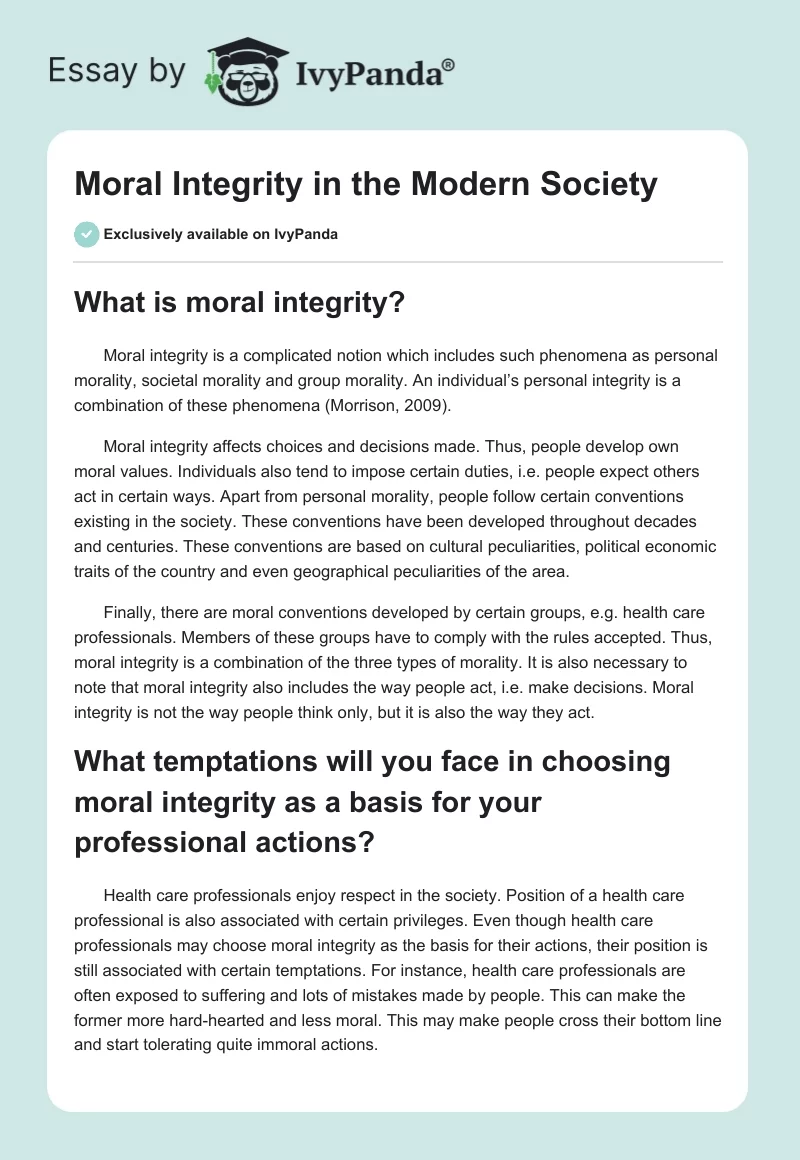 Moral Integrity in the Modern Society. Page 1