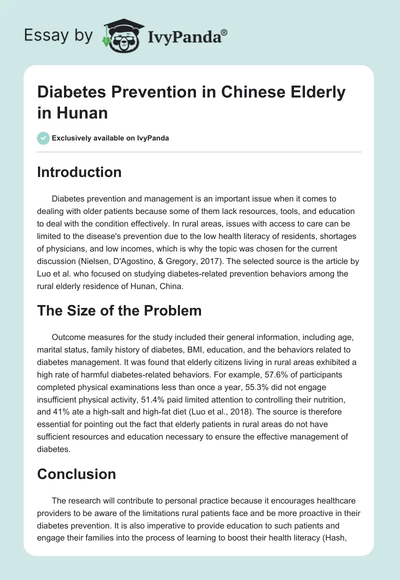 Diabetes Prevention in Chinese Elderly in Hunan. Page 1