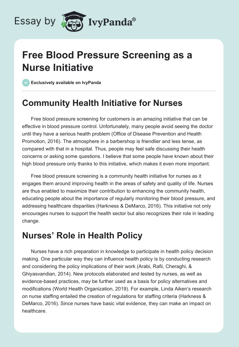 Free Blood Pressure Screening as a Nurse Initiative. Page 1