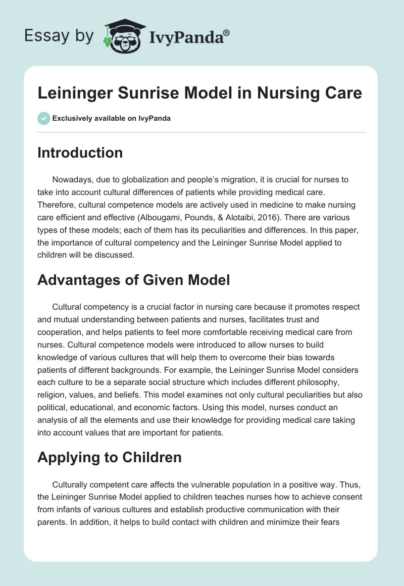 Leininger Sunrise Model in Nursing Care. Page 1