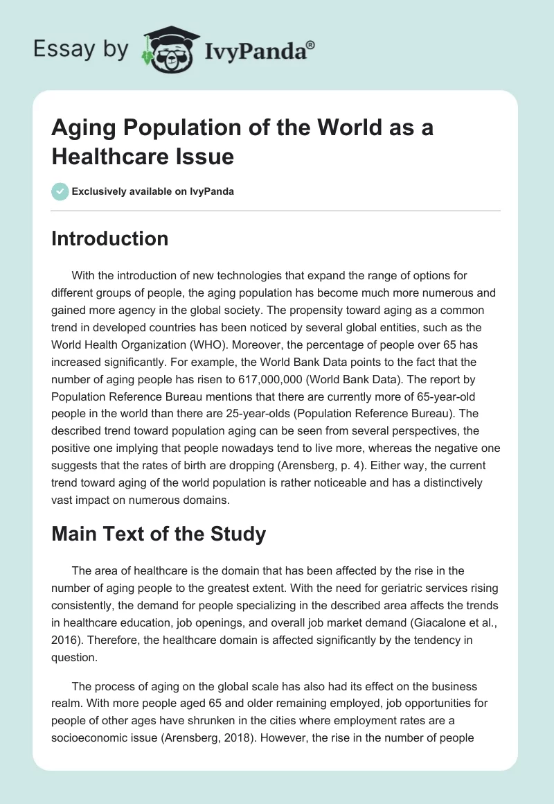 Aging Population of the World as a Healthcare Issue. Page 1