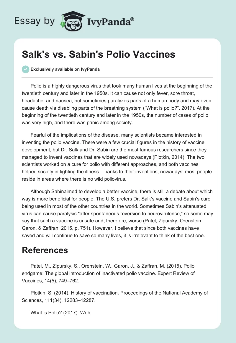 Salk's vs. Sabin's Polio Vaccines. Page 1