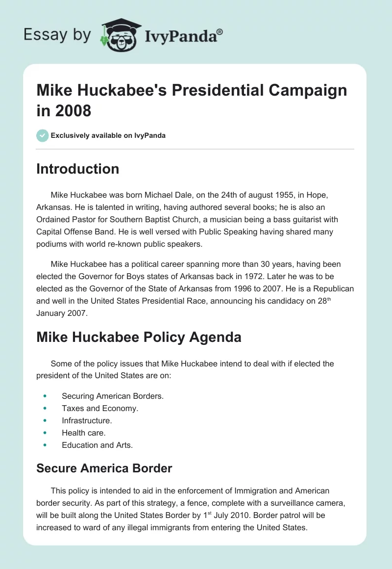 Mike Huckabee's Presidential Campaign in 2008. Page 1