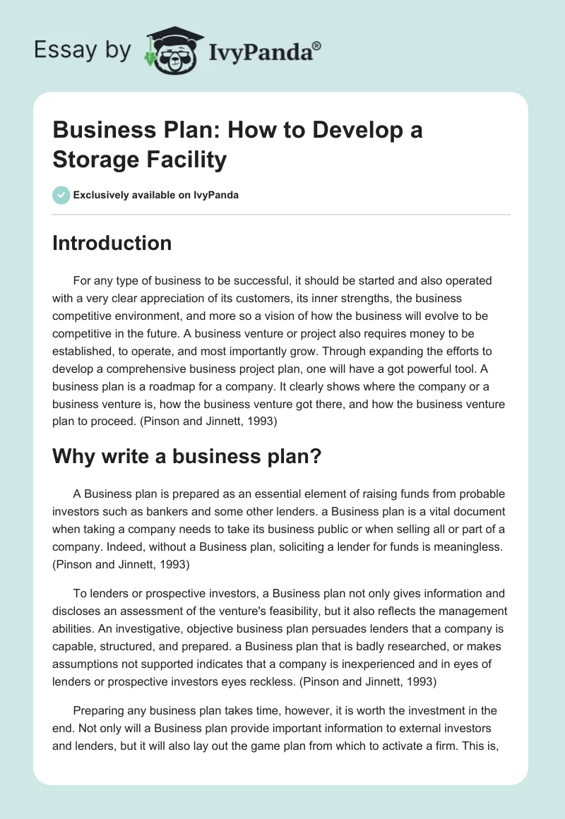 Business Plan: How to Develop a Storage Facility. Page 1