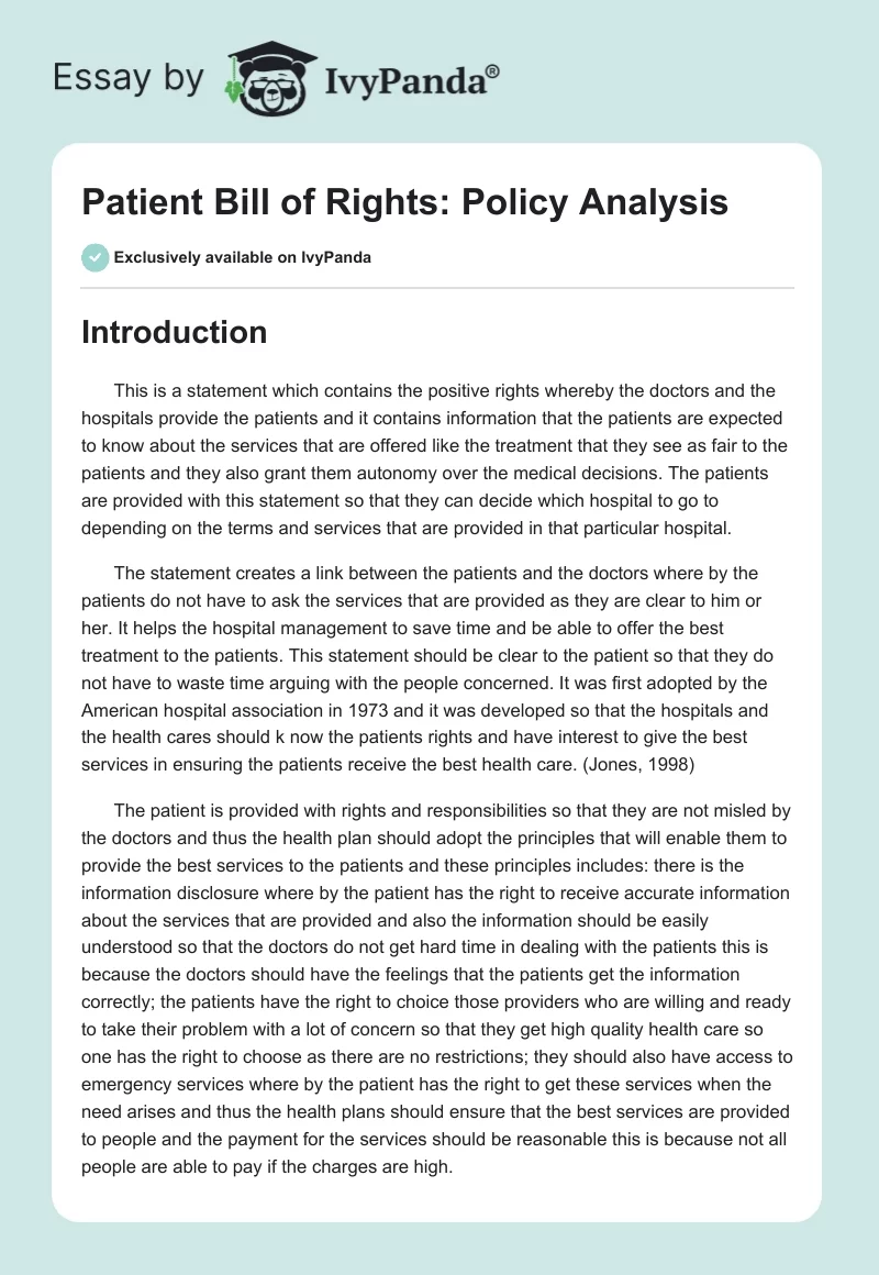 Patient Bill of Rights: Policy Analysis. Page 1