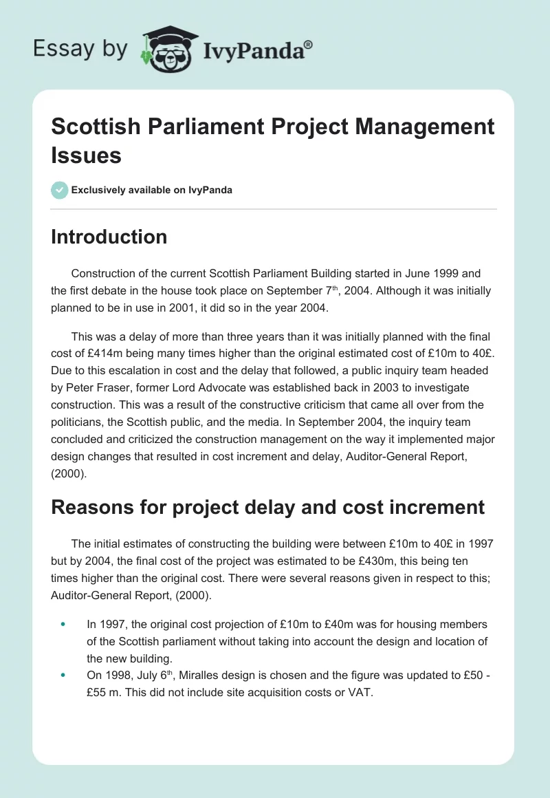 Scottish Parliament Project Management Issues. Page 1