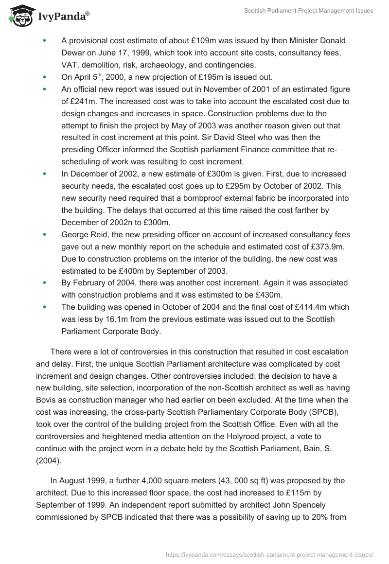 Scottish Parliament Project Management Issues. Page 2