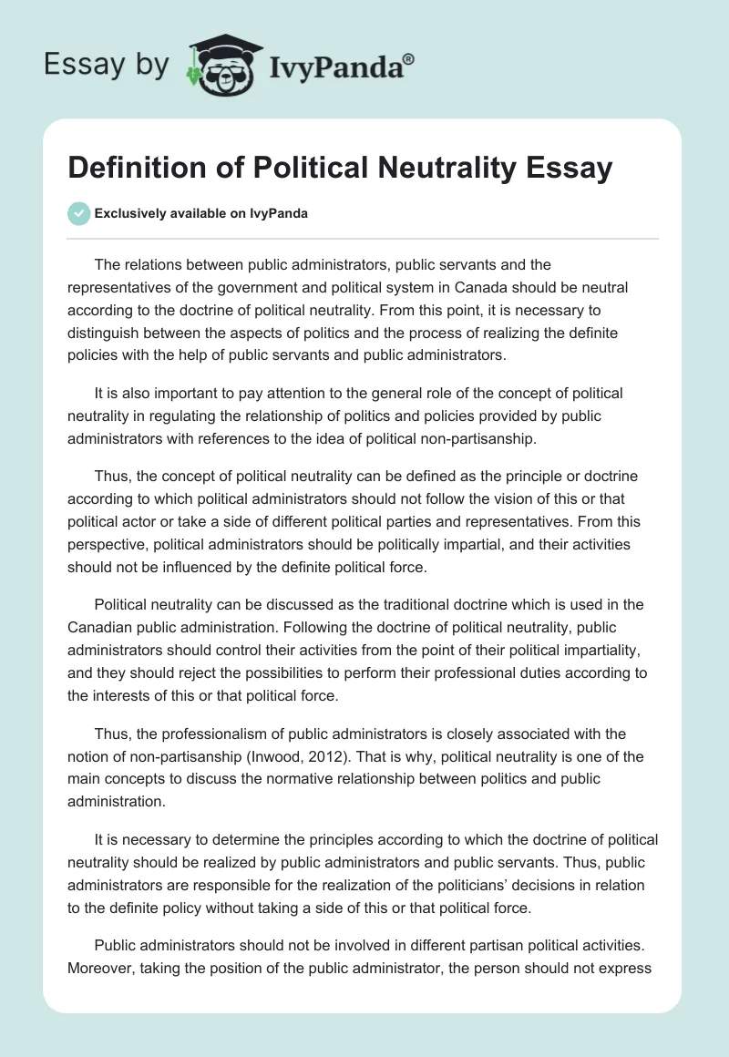 Definition of Political Neutrality Essay. Page 1