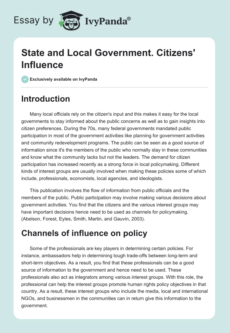 State and Local Government. Citizens' Influence. Page 1