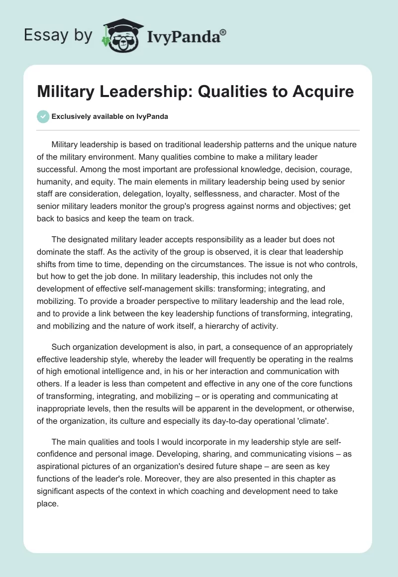 Military Leadership: Qualities to Acquire. Page 1