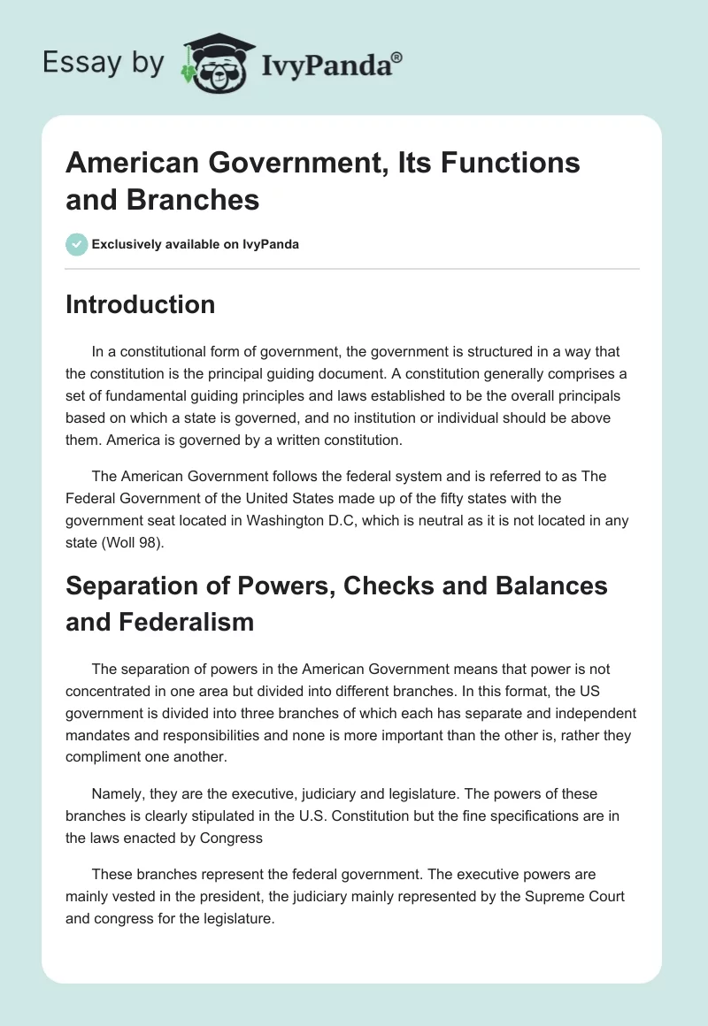 American Government, Its Functions and Branches. Page 1