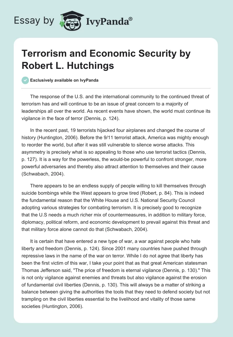 "Terrorism and Economic Security" by Robert L. Hutchings. Page 1