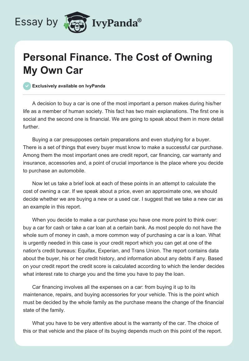 Personal Finance. The Cost of Owning My Own Car. Page 1