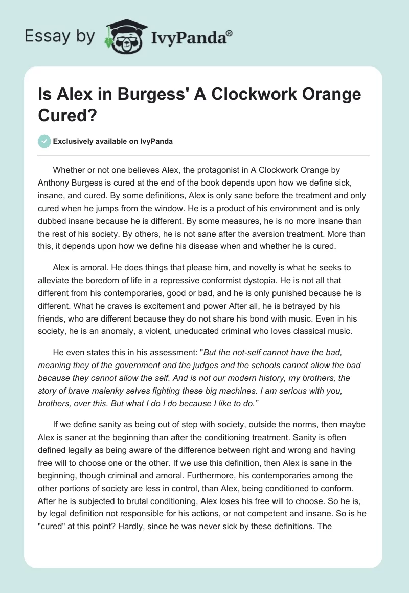 Is Alex in Burgess' "A Clockwork Orange" Cured?. Page 1