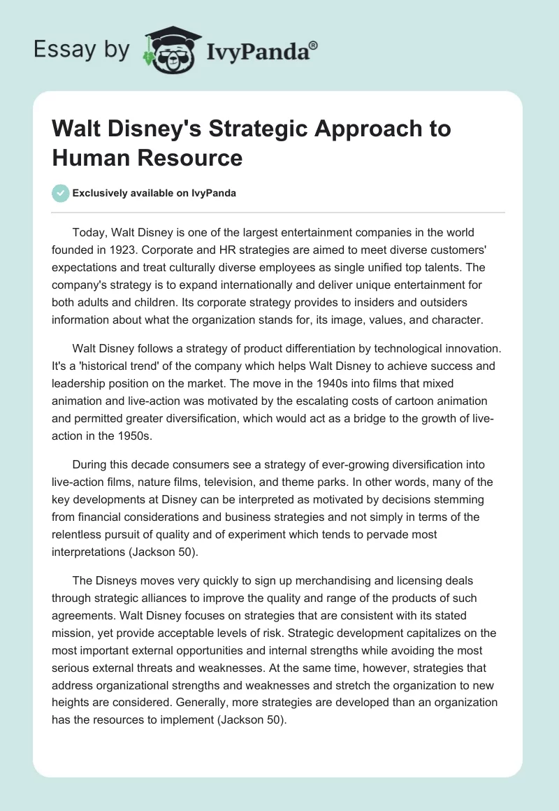Walt Disney's Strategic Approach to Human Resource. Page 1