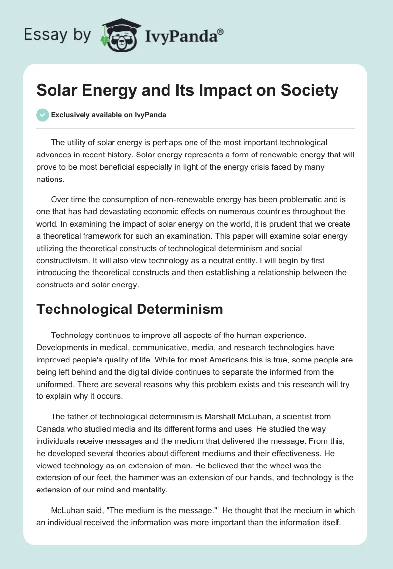 Solar Energy and Its Impact on Society. Page 1