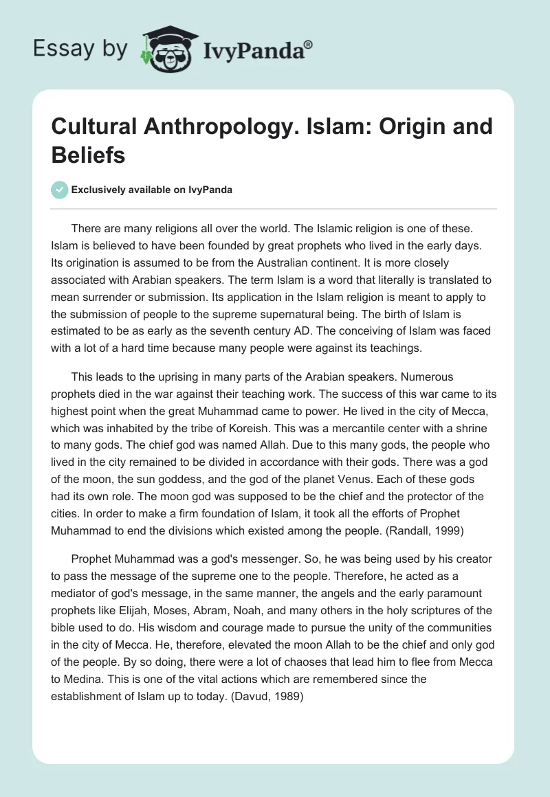 Cultural Anthropology. Islam: Origin and Beliefs. Page 1