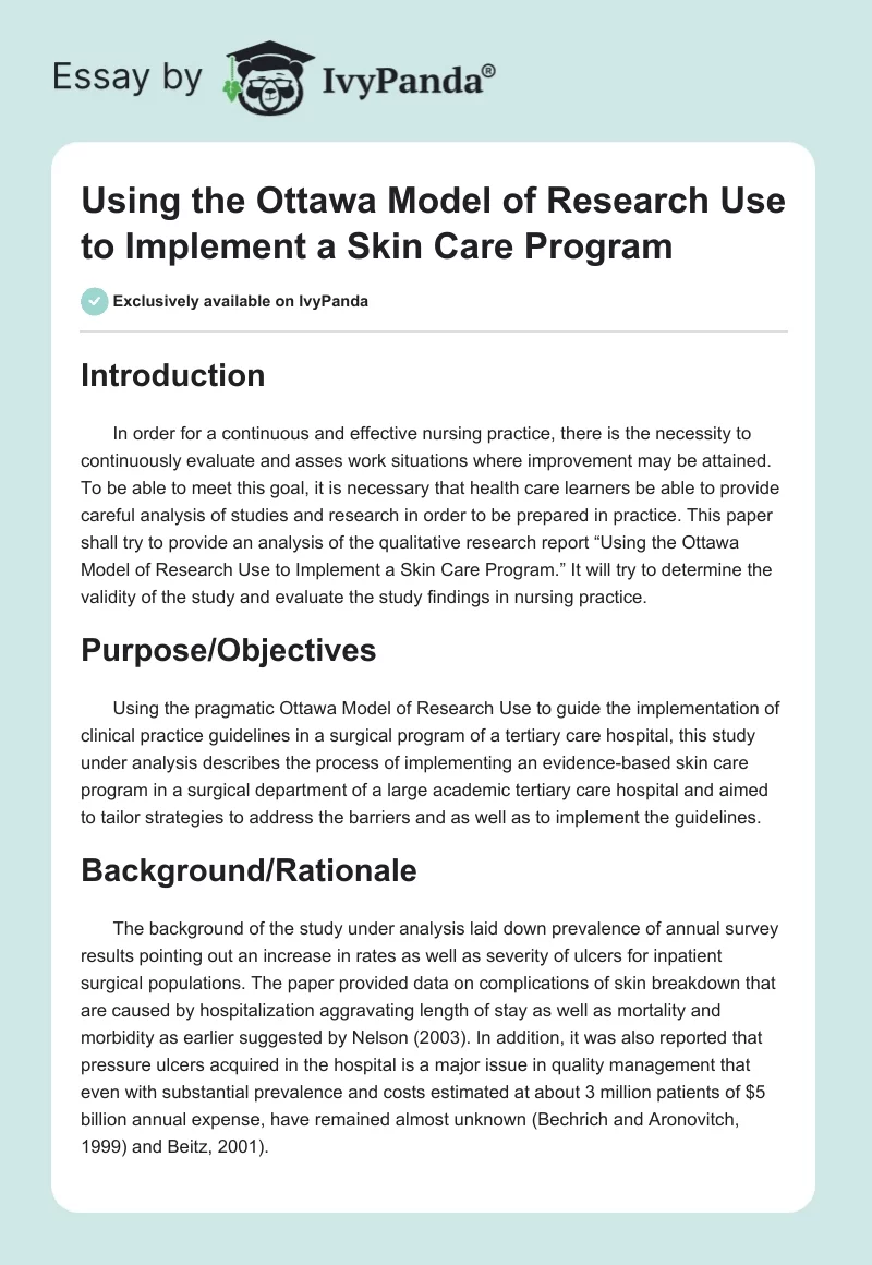 Using the Ottawa Model of Research Use to Implement a Skin Care Program. Page 1
