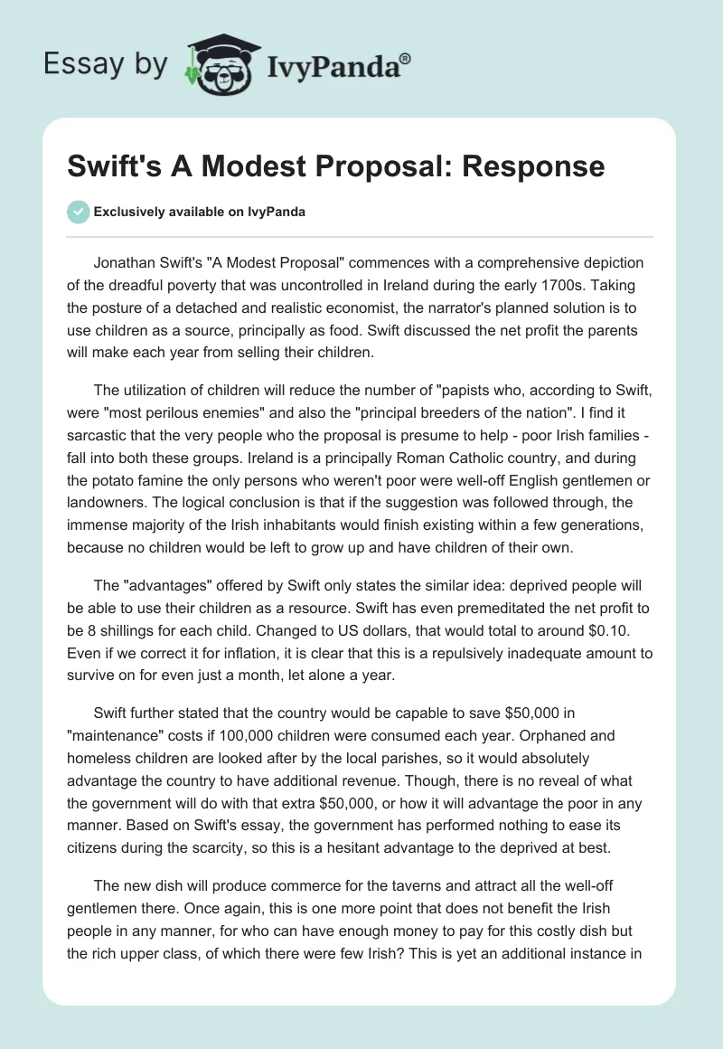 Swift's "A Modest Proposal": Response. Page 1