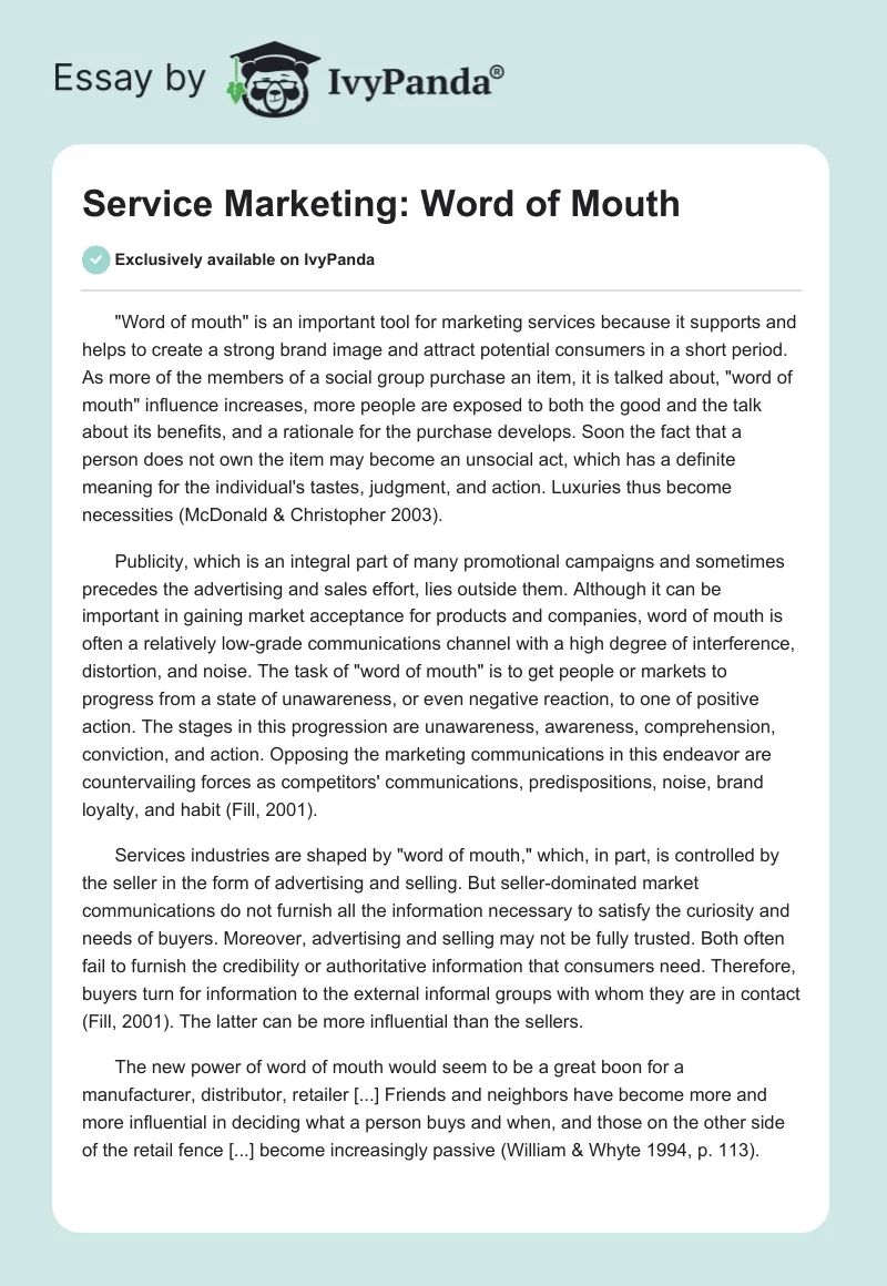 Service Marketing: Word of Mouth. Page 1