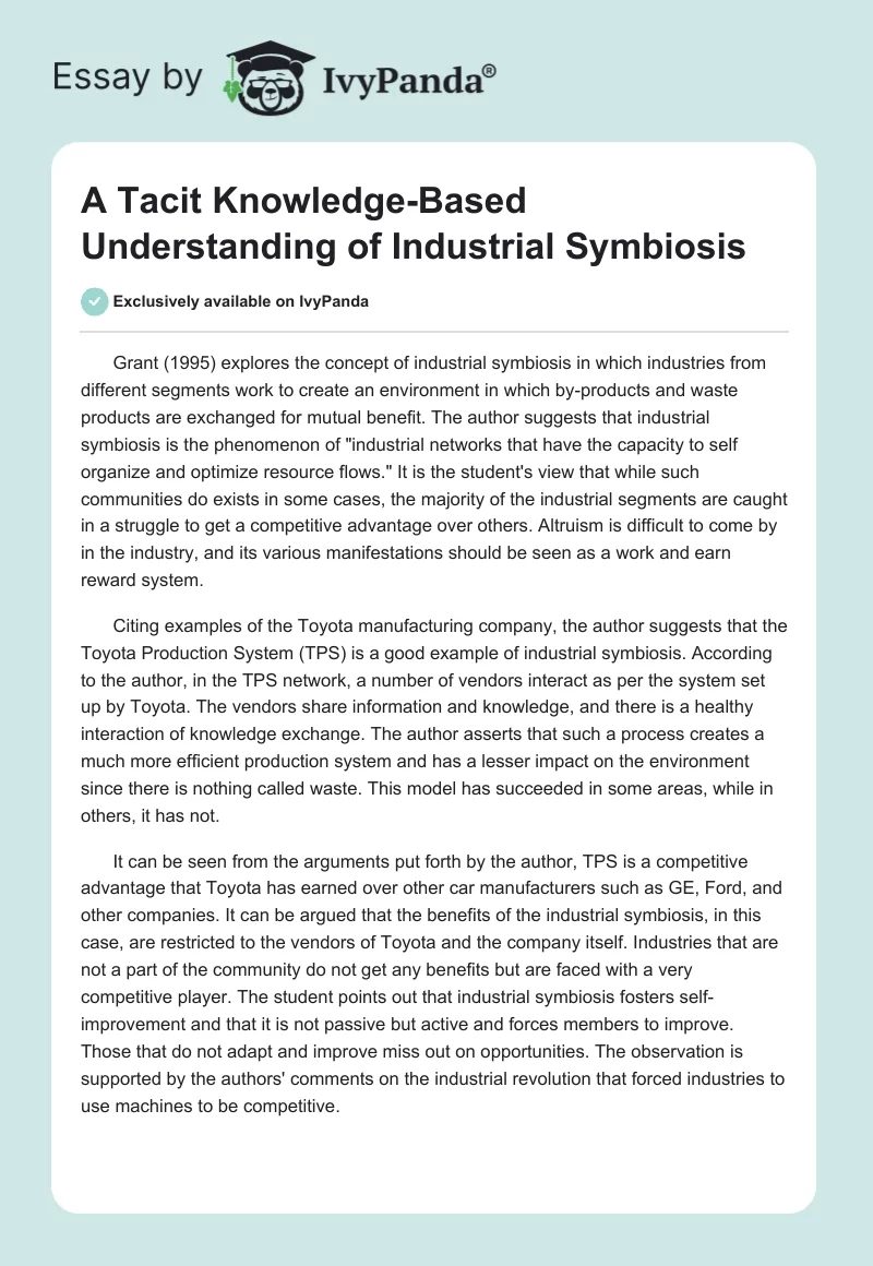 A Tacit Knowledge-Based Understanding of Industrial Symbiosis. Page 1