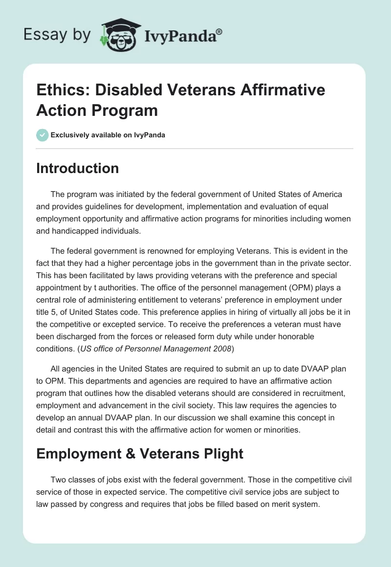 Ethics: Disabled Veterans Affirmative Action Program. Page 1