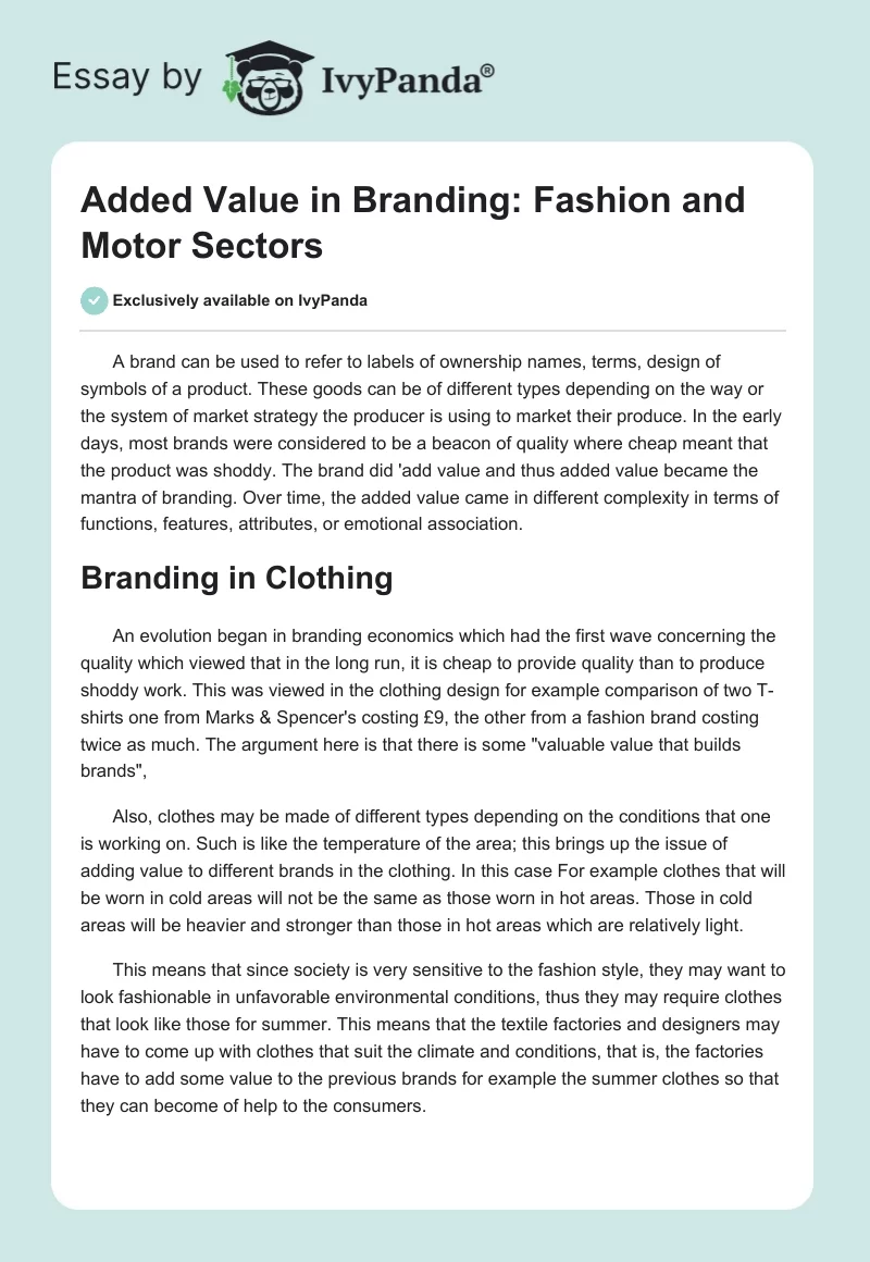 Added Value in Branding: Fashion and Motor Sectors. Page 1